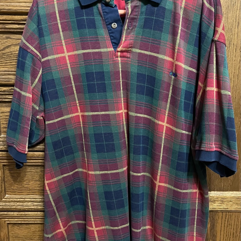 Alexander Julian 2Xlarge mens burgundy, navy, green plaid polo shirt, smoke free